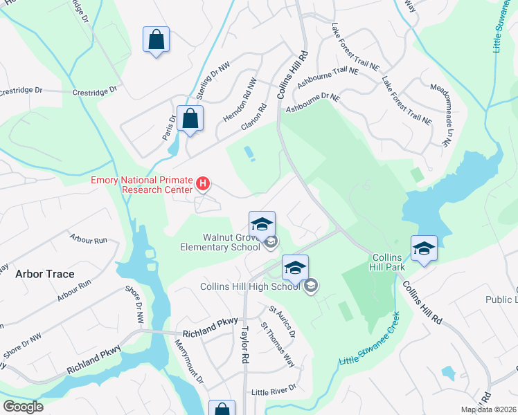 map of restaurants, bars, coffee shops, grocery stores, and more near 155 Prestwyck Oak Place in Lawrenceville