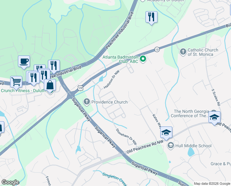 map of restaurants, bars, coffee shops, grocery stores, and more near 2051 Fosco Drive Northwest in Duluth