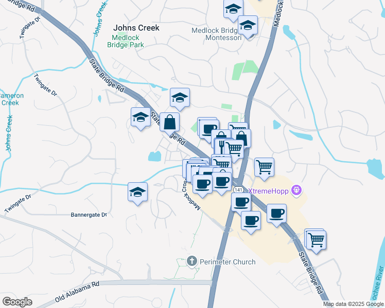 map of restaurants, bars, coffee shops, grocery stores, and more near 5686 Lawley Road in Alpharetta