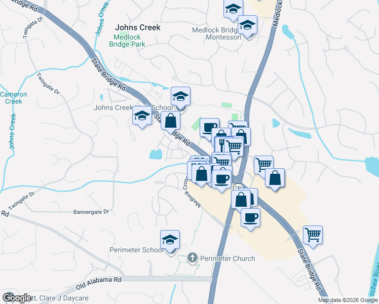 map of restaurants, bars, coffee shops, grocery stores, and more near 5960 State Bridge Road in Alpharetta