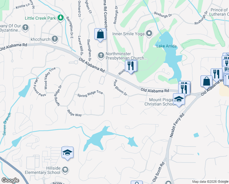 map of restaurants, bars, coffee shops, grocery stores, and more near 215 Plymwood Court in Roswell