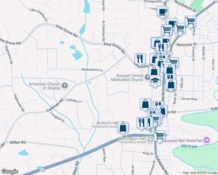 map of restaurants, bars, coffee shops, grocery stores, and more near 135 Roswell Farms Court in Roswell