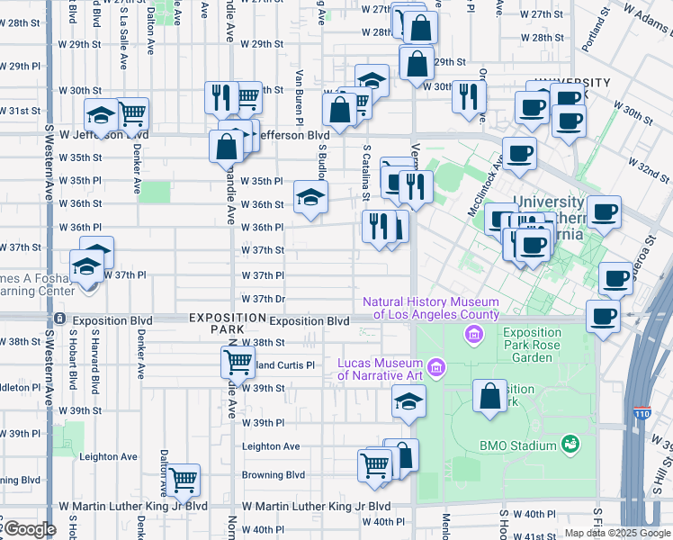 map of restaurants, bars, coffee shops, grocery stores, and more near 1227 West 37th Place in Los Angeles