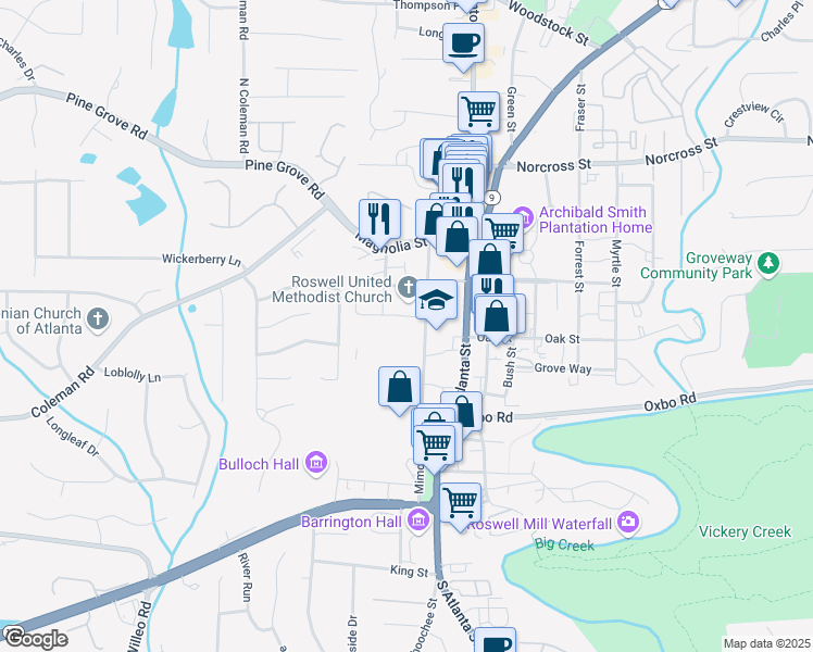 map of restaurants, bars, coffee shops, grocery stores, and more near 786 Mimosa Boulevard in Roswell