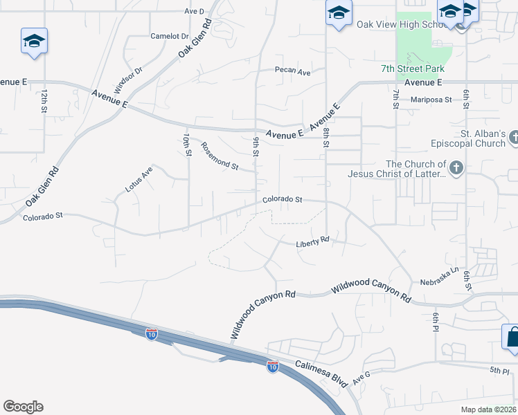 map of restaurants, bars, coffee shops, grocery stores, and more near 33507 Colorado Street in Yucaipa