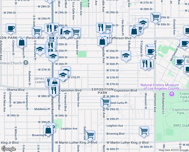 map of restaurants, bars, coffee shops, grocery stores, and more near 1453 West 37th Place in Los Angeles