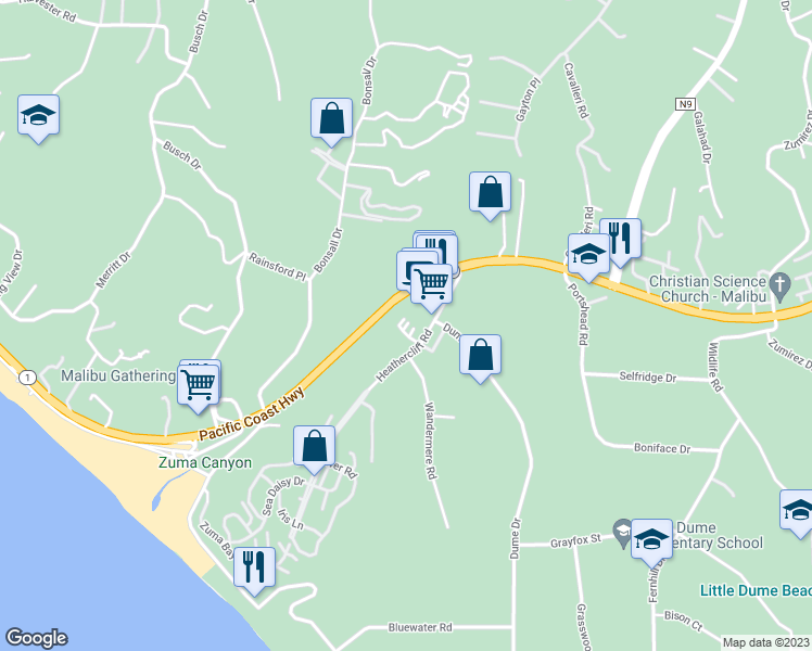 map of restaurants, bars, coffee shops, grocery stores, and more near 29233 Heathercliff Road in Malibu