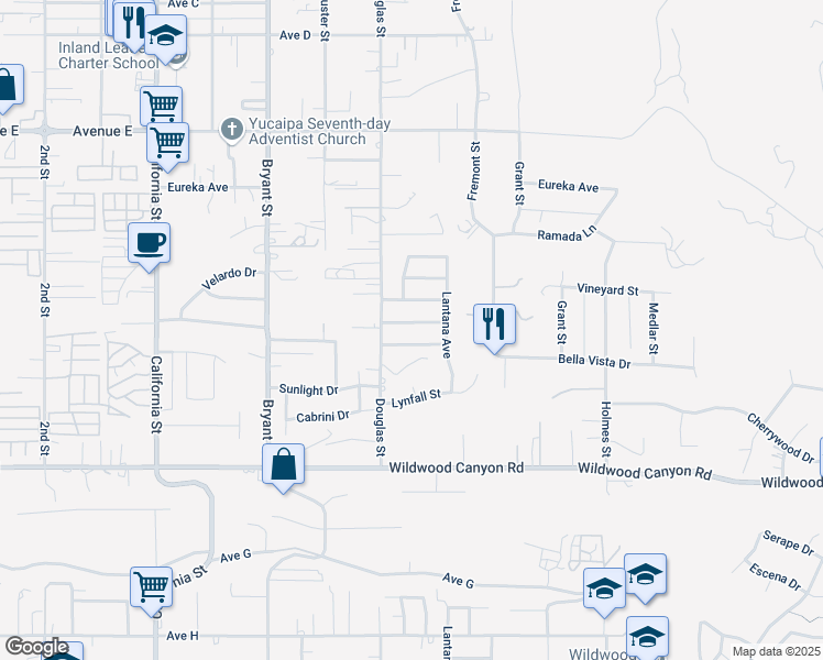 map of restaurants, bars, coffee shops, grocery stores, and more near 35555 Mountain View Street in Yucaipa
