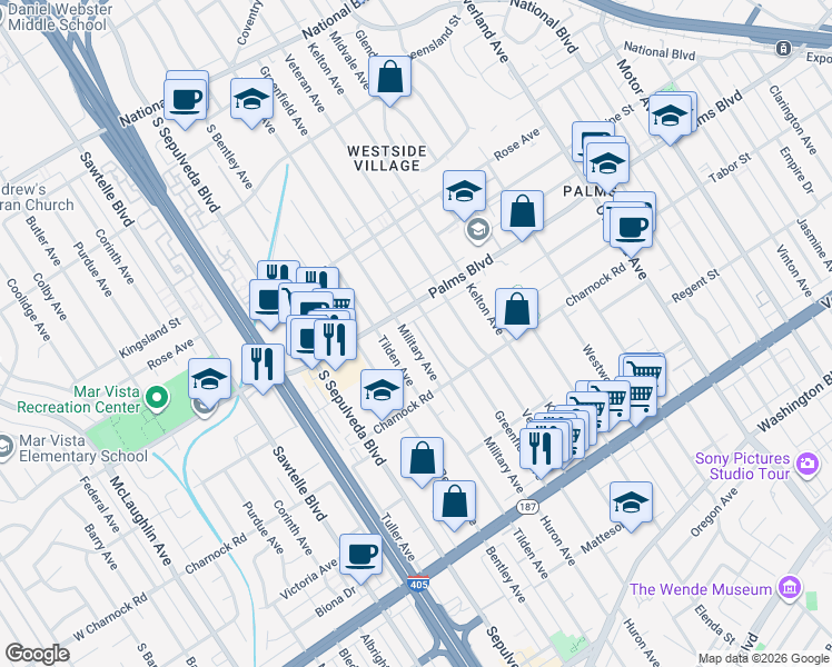 map of restaurants, bars, coffee shops, grocery stores, and more near 3524 Military Avenue in Los Angeles