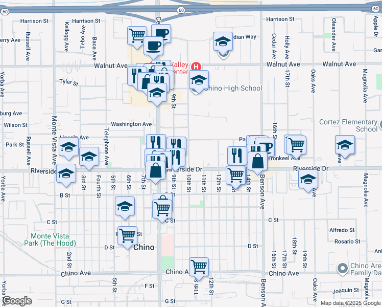 map of restaurants, bars, coffee shops, grocery stores, and more near 12835 10th Street in Chino