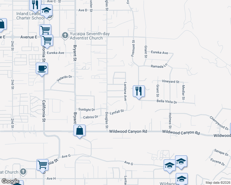 map of restaurants, bars, coffee shops, grocery stores, and more near 35555 Mountain View Street in Yucaipa