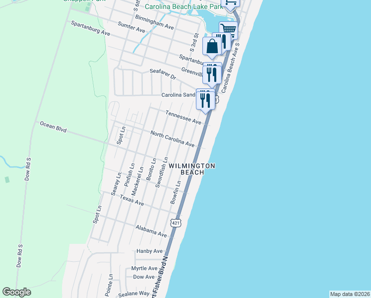 map of restaurants, bars, coffee shops, grocery stores, and more near 1309 Snapper Lane in Carolina Beach