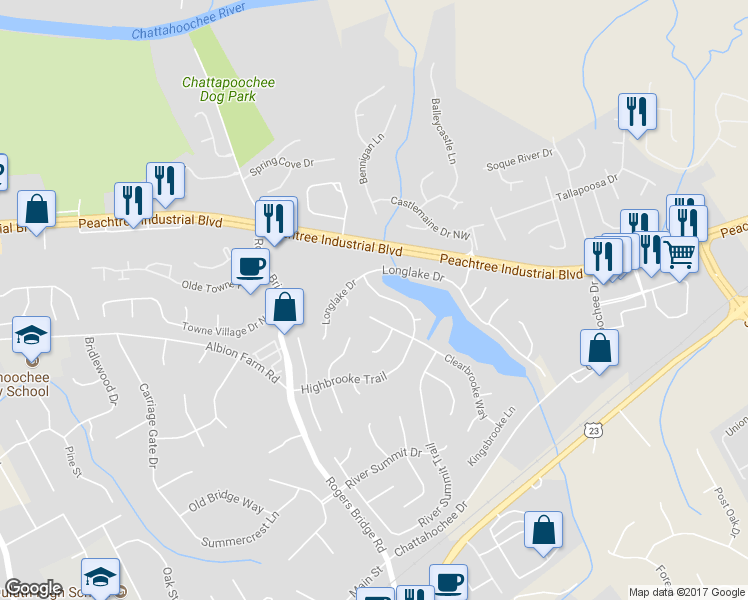 map of restaurants, bars, coffee shops, grocery stores, and more near 2395 Highbrooke Trail in Duluth