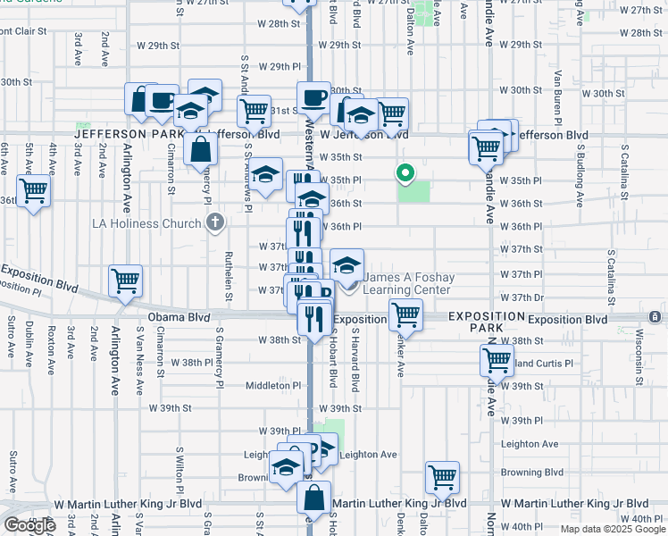 map of restaurants, bars, coffee shops, grocery stores, and more near 1653 West 37th Place in Los Angeles