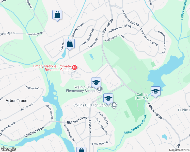 map of restaurants, bars, coffee shops, grocery stores, and more near 155 Prestwyck Oak Place in Lawrenceville