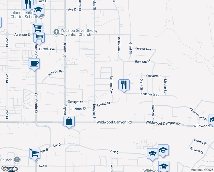 map of restaurants, bars, coffee shops, grocery stores, and more near 35587 Mountain View Street in Yucaipa