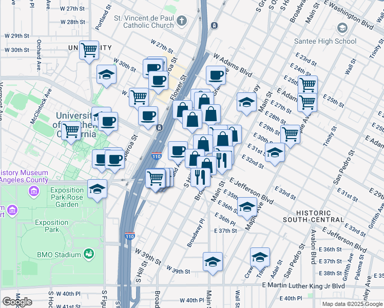 map of restaurants, bars, coffee shops, grocery stores, and more near 3333 South Hill Street in Los Angeles