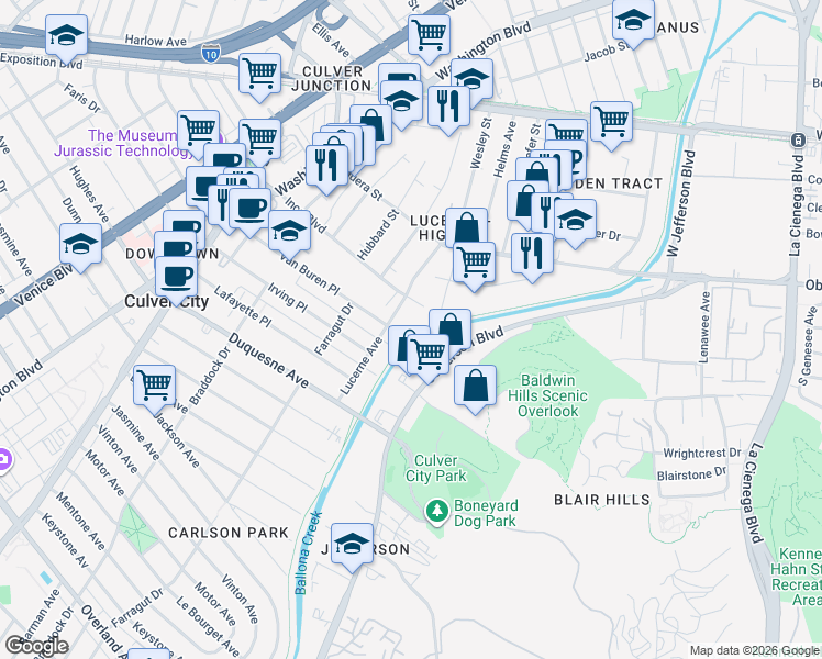 map of restaurants, bars, coffee shops, grocery stores, and more near 4222 Van Buren Place in Culver City