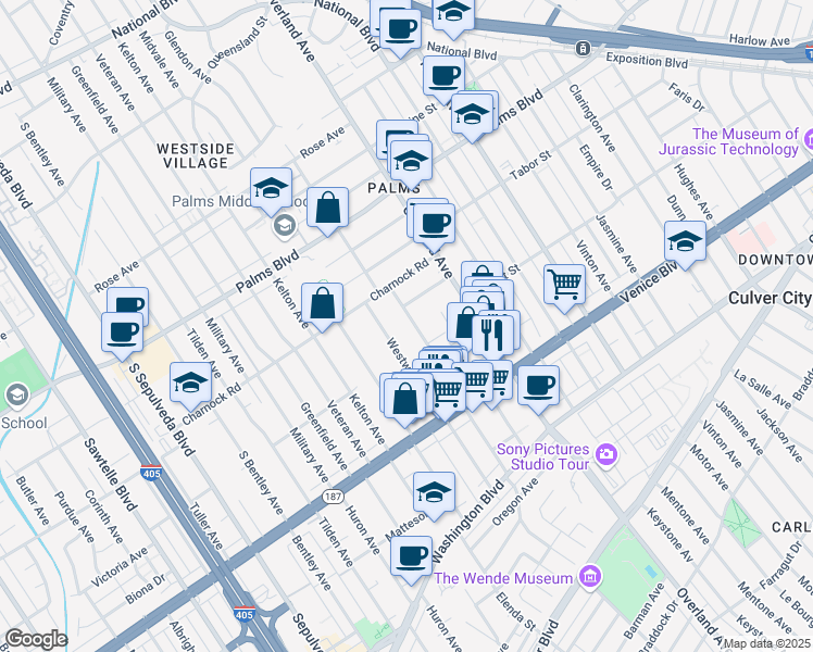 map of restaurants, bars, coffee shops, grocery stores, and more near 3649 Glendon Avenue in Los Angeles