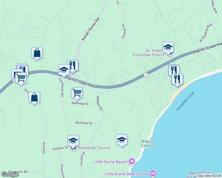 map of restaurants, bars, coffee shops, grocery stores, and more near 28700 Pacific Coast Highway in Malibu