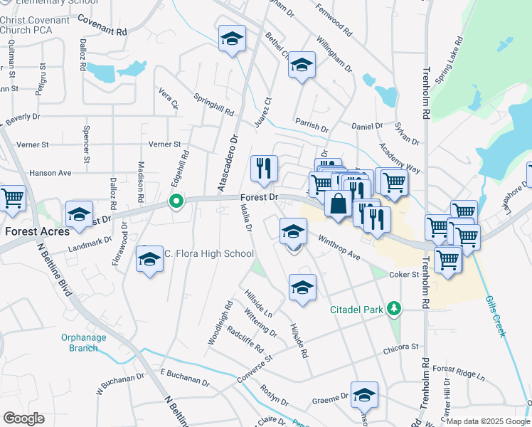 map of restaurants, bars, coffee shops, grocery stores, and more near 4406b Forest Drive in Columbia