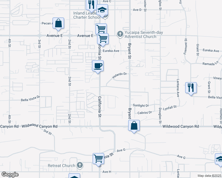 map of restaurants, bars, coffee shops, grocery stores, and more near 35175 Mountain View Street in Yucaipa