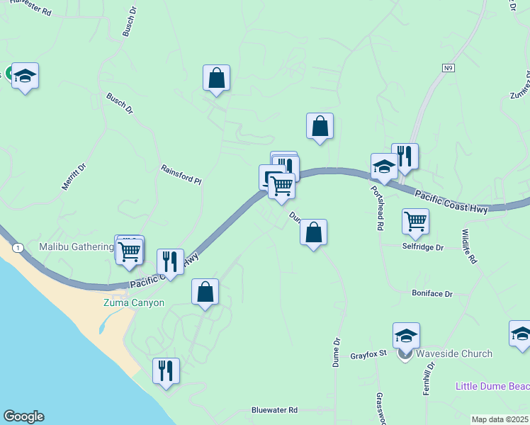 map of restaurants, bars, coffee shops, grocery stores, and more near 29233 Heathercliff Road in Malibu