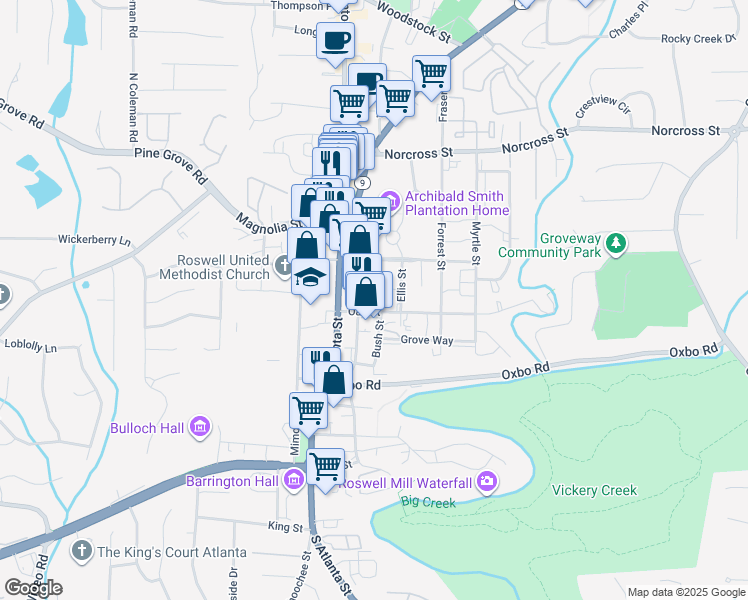map of restaurants, bars, coffee shops, grocery stores, and more near 800 Community Circle in Roswell