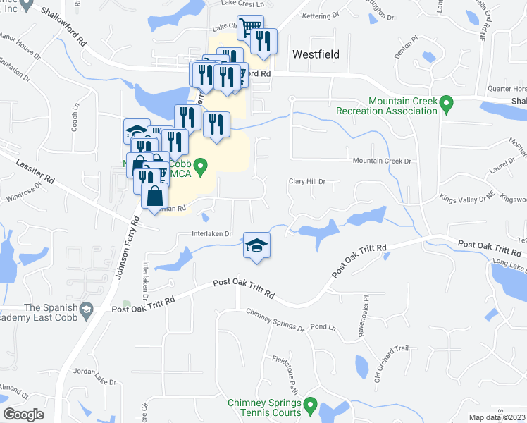 map of restaurants, bars, coffee shops, grocery stores, and more near 4572 Snowchase Way in Marietta