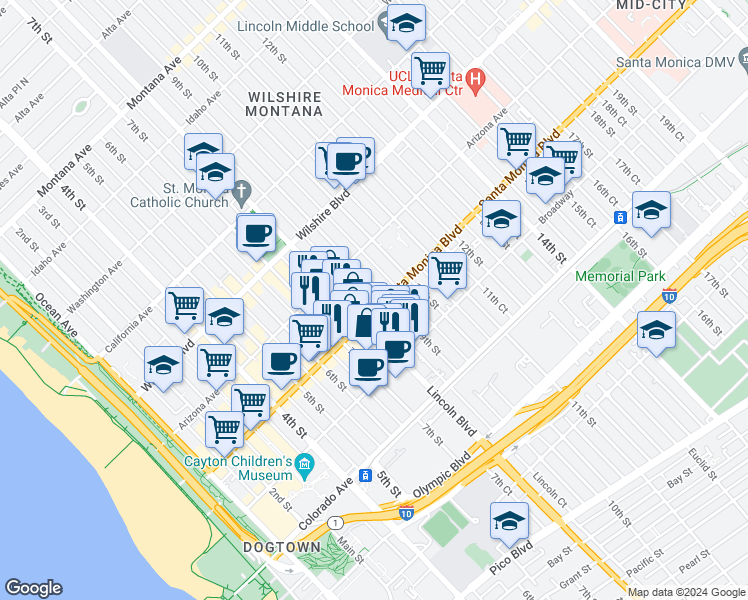 map of restaurants, bars, coffee shops, grocery stores, and more near 825 West Historic Route 66 in Santa Monica