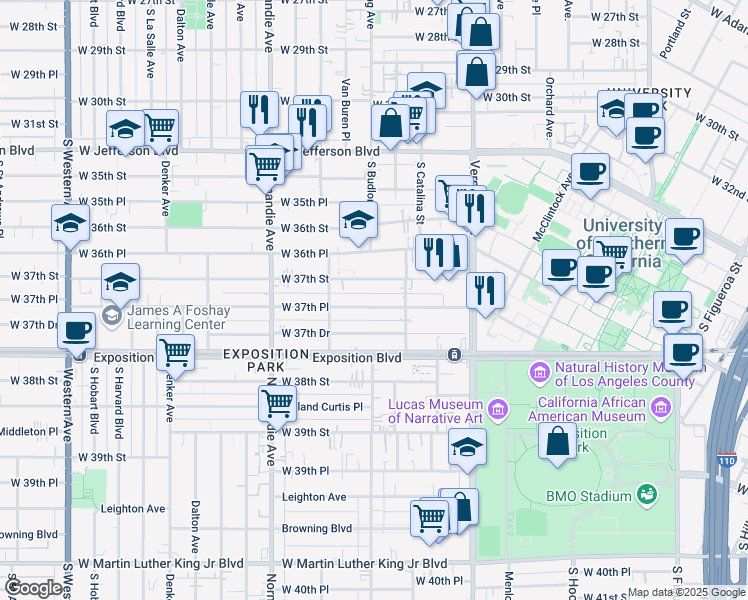 map of restaurants, bars, coffee shops, grocery stores, and more near 1248 1/2 West 37th Place in Los Angeles
