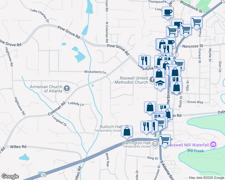 map of restaurants, bars, coffee shops, grocery stores, and more near 135 Roswell Farms Court in Roswell