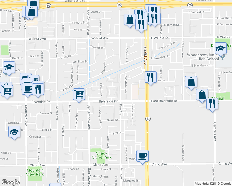 map of restaurants, bars, coffee shops, grocery stores, and more near 12836 Conifer Avenue in Chino