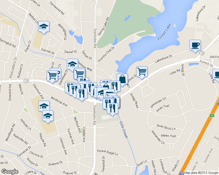map of restaurants, bars, coffee shops, grocery stores, and more near 123 Old Mill Circle in Columbia