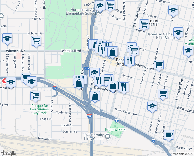 map of restaurants, bars, coffee shops, grocery stores, and more near 1112 South Ford Boulevard in Los Angeles