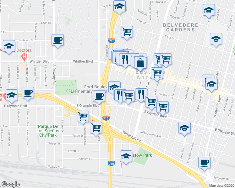 map of restaurants, bars, coffee shops, grocery stores, and more near 1112 South Ford Boulevard in Los Angeles