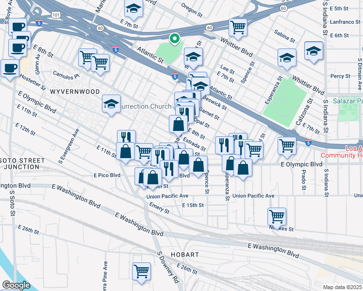 map of restaurants, bars, coffee shops, grocery stores, and more near 3411 Hunter Street in Los Angeles