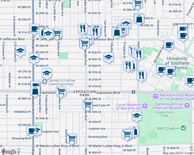map of restaurants, bars, coffee shops, grocery stores, and more near 1348 West 37th Place in Los Angeles