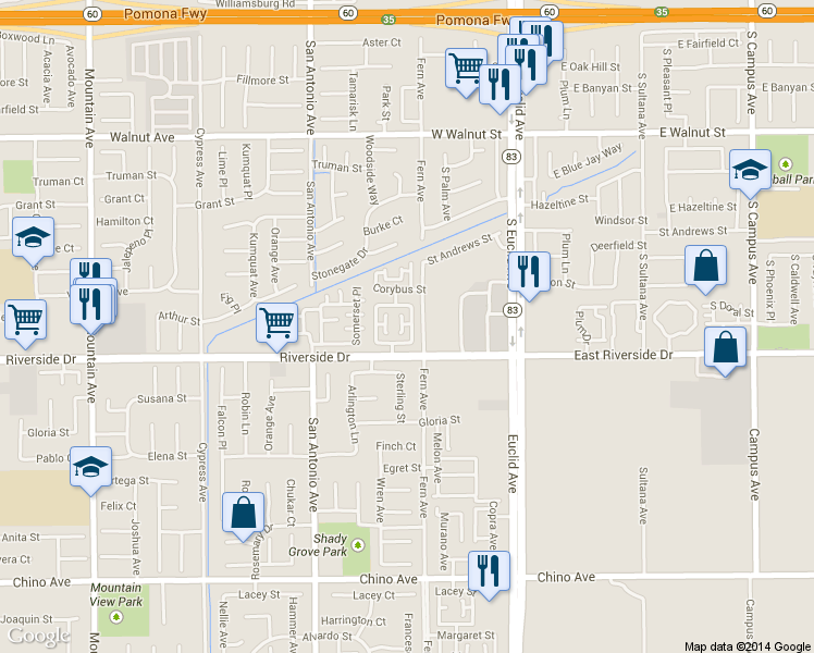 map of restaurants, bars, coffee shops, grocery stores, and more near 12836 Conifer Avenue in Chino