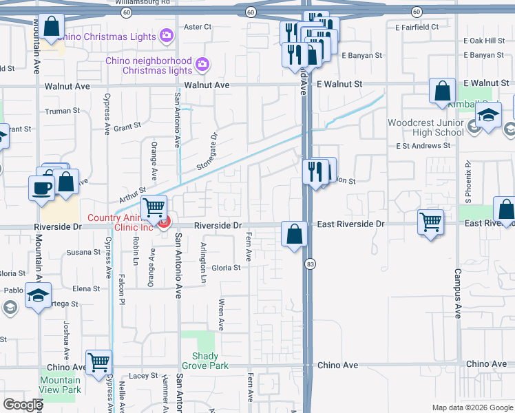 map of restaurants, bars, coffee shops, grocery stores, and more near 2940 South Via Belamaria in Ontario