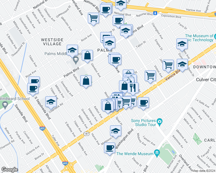 map of restaurants, bars, coffee shops, grocery stores, and more near 3649 Glendon Avenue in Los Angeles