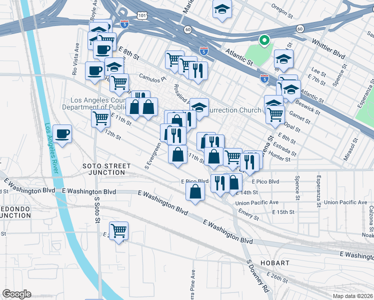 map of restaurants, bars, coffee shops, grocery stores, and more near 3109 East 11th Street in Los Angeles
