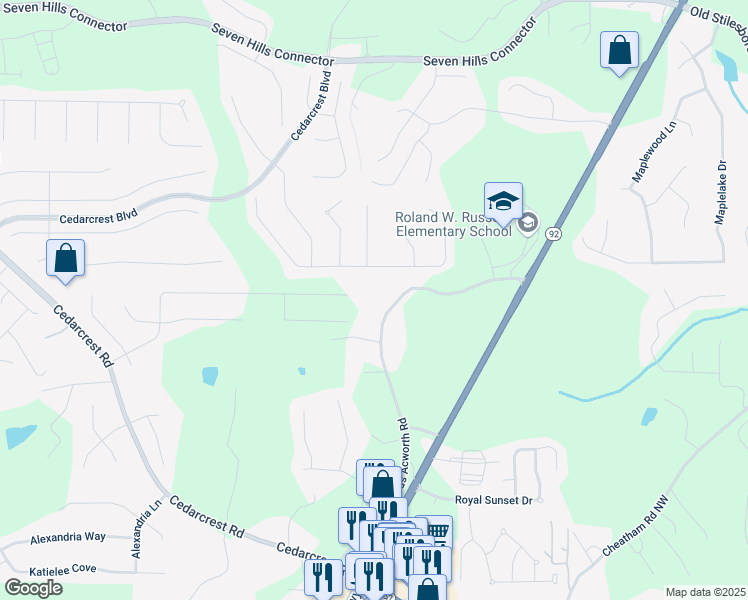 map of restaurants, bars, coffee shops, grocery stores, and more near 683 Old Dallas Acworth Road in Dallas