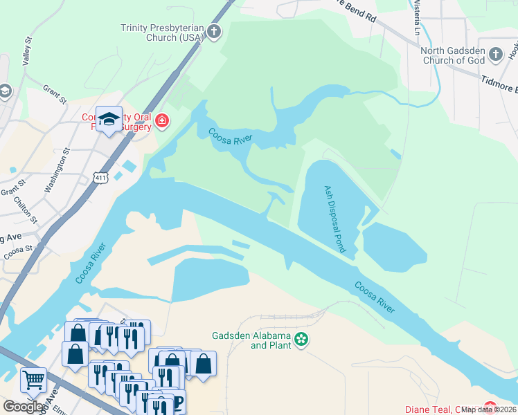 map of restaurants, bars, coffee shops, grocery stores, and more near Delilah Street in Gadsden