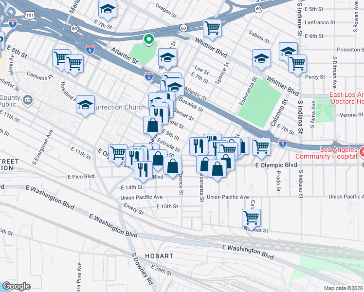 map of restaurants, bars, coffee shops, grocery stores, and more near 3475 Estrada Street in Los Angeles