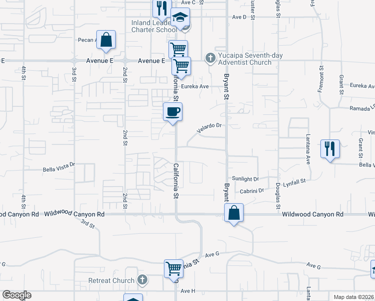 map of restaurants, bars, coffee shops, grocery stores, and more near 35163 Mountain View Street in Yucaipa