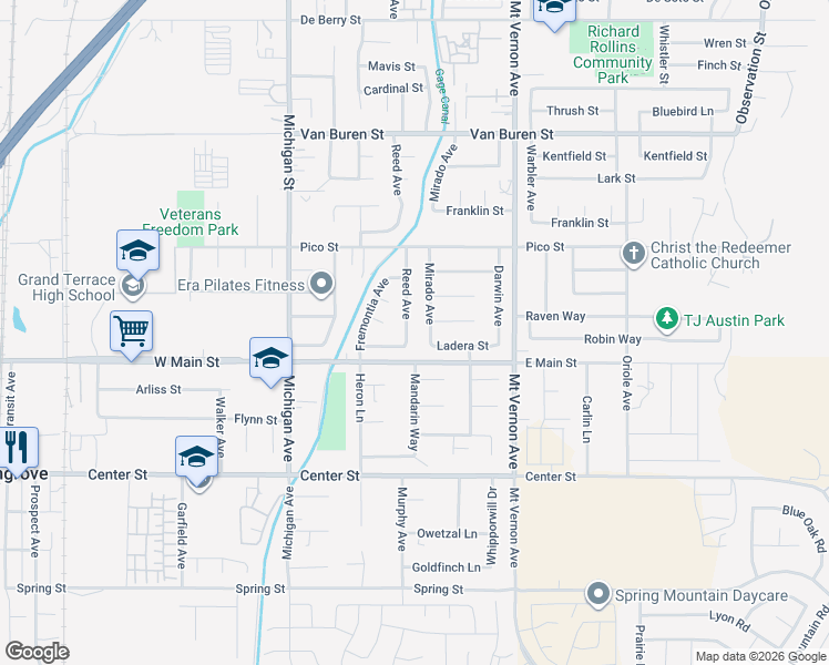map of restaurants, bars, coffee shops, grocery stores, and more near 22294 Ladera Street in Grand Terrace