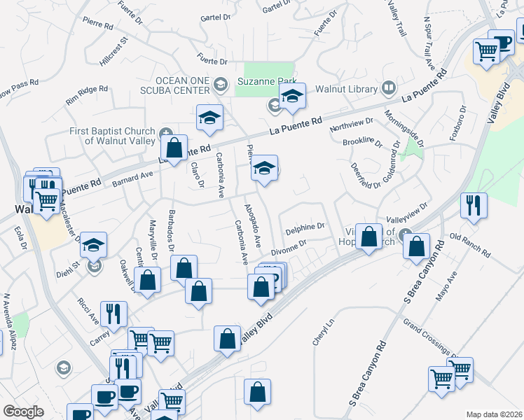 map of restaurants, bars, coffee shops, grocery stores, and more near 329 Pierre Road in Walnut