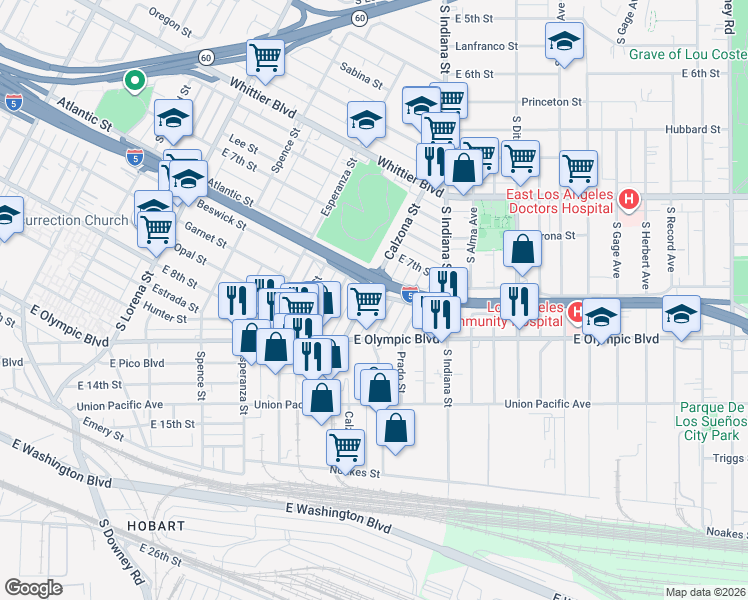 map of restaurants, bars, coffee shops, grocery stores, and more near 1122 Calzona Street in Los Angeles