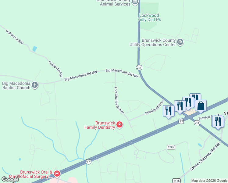 map of restaurants, bars, coffee shops, grocery stores, and more near 177 Fort Charles Drive Northwest in Brunswick County